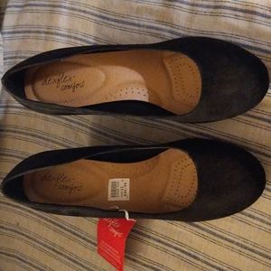 Black faux suede wedges